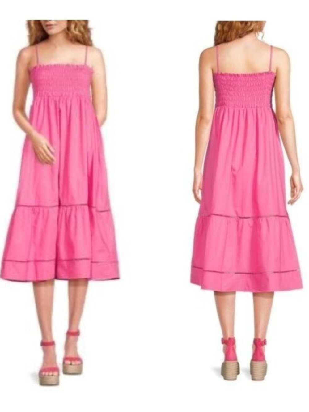 🛍 o.p.t.  Leila Smocked Square Neck A-Line Midi Dress Pink Size M